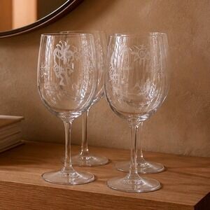 Set 4 Kokopelli Etched Wine Glasses Frosted Southwestern Sun Flute Player Clear
